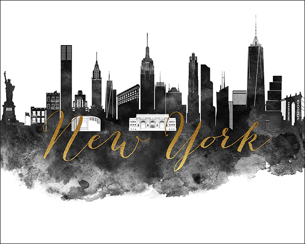 Silhouette of New York City skyline with gold lettering and watercolor effect.
