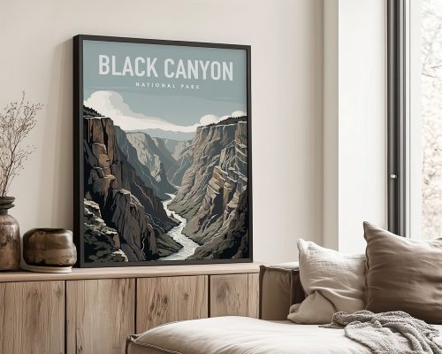 Framed artwork depicting Black Canyon National Park with a river and cliffs in a stylized design.