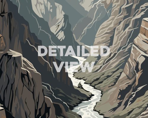 Illustration of a canyon landscape with a river flowing through it, featuring steep rock formations.