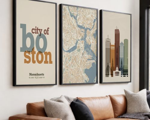 Boston Wall Art Set of 3 Map, Skyline & Gifts