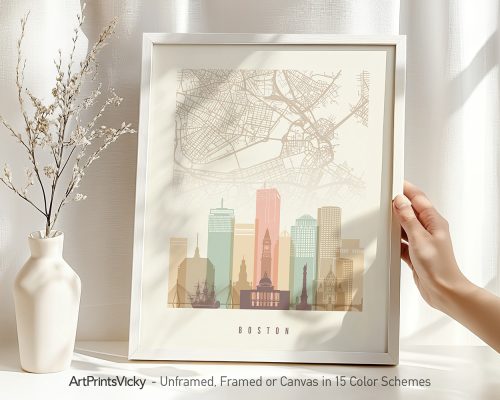 Artistic representation of Boston city map with notable buildings and landmarks in soft colors.