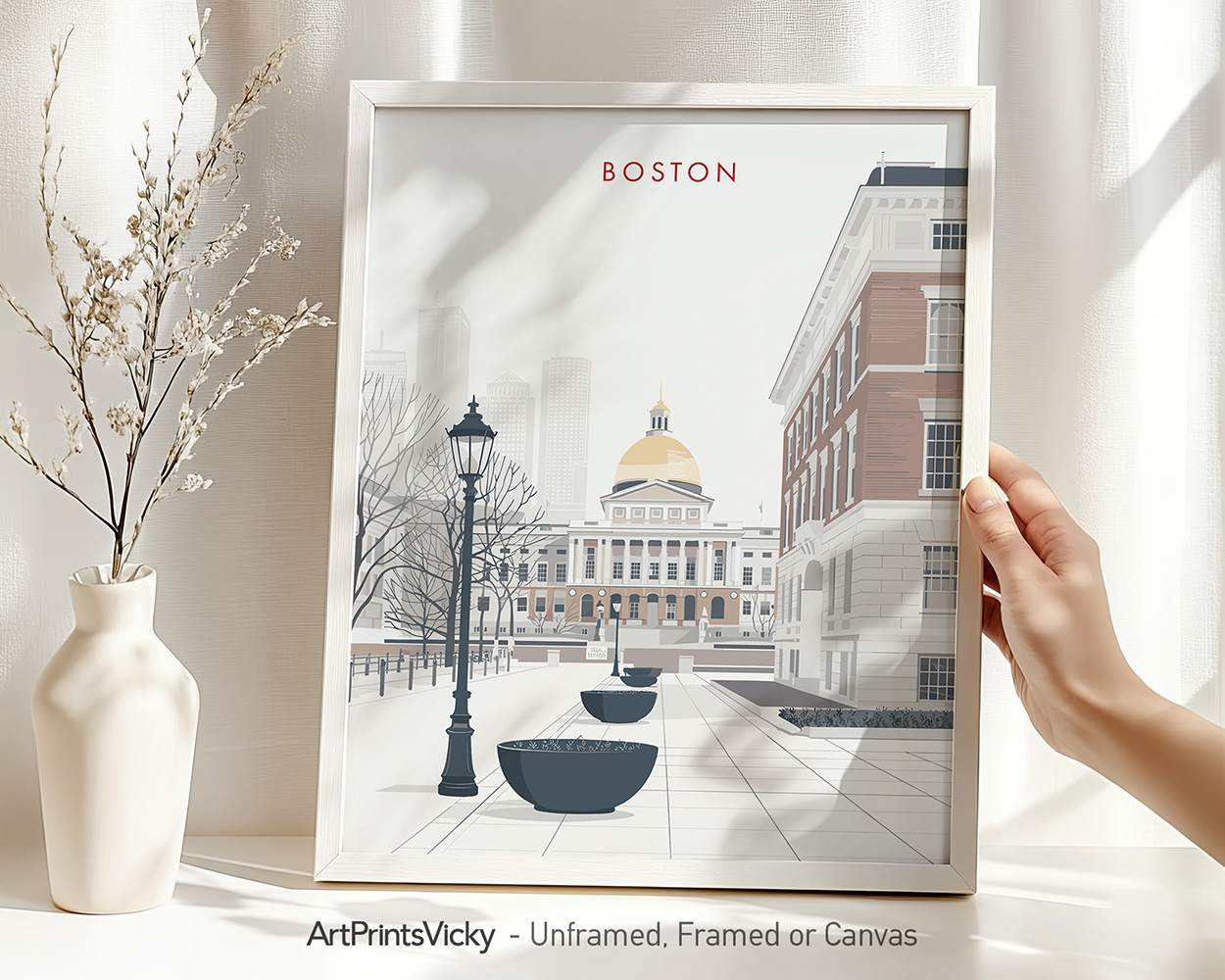 Illustration of Boston's cityscape featuring the State House and decorative planters.