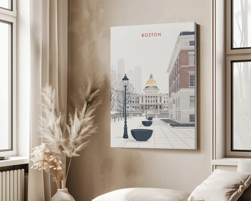 Minimalist artwork featuring a depiction of Boston with a government building and trees.
