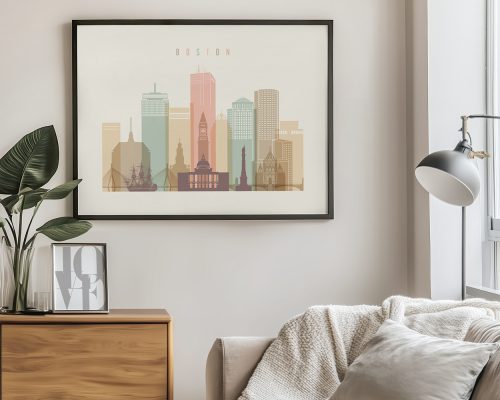 Art print of a stylized Boston city skyline with various buildings and a ship in the foreground.