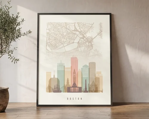 Boston Skyline Wall Art Cream Pastel Print | ArtPrintsVicky
