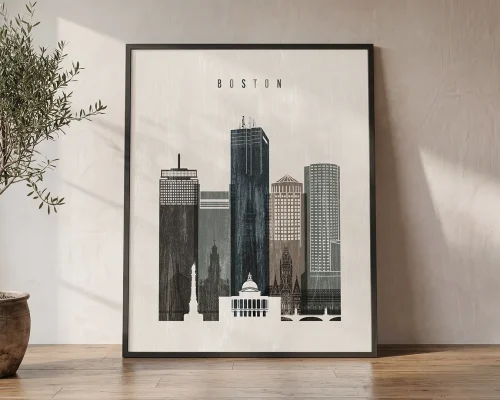 Boston Skyline Wall Art Print Distressed Vintage | ArtPrintsVicky