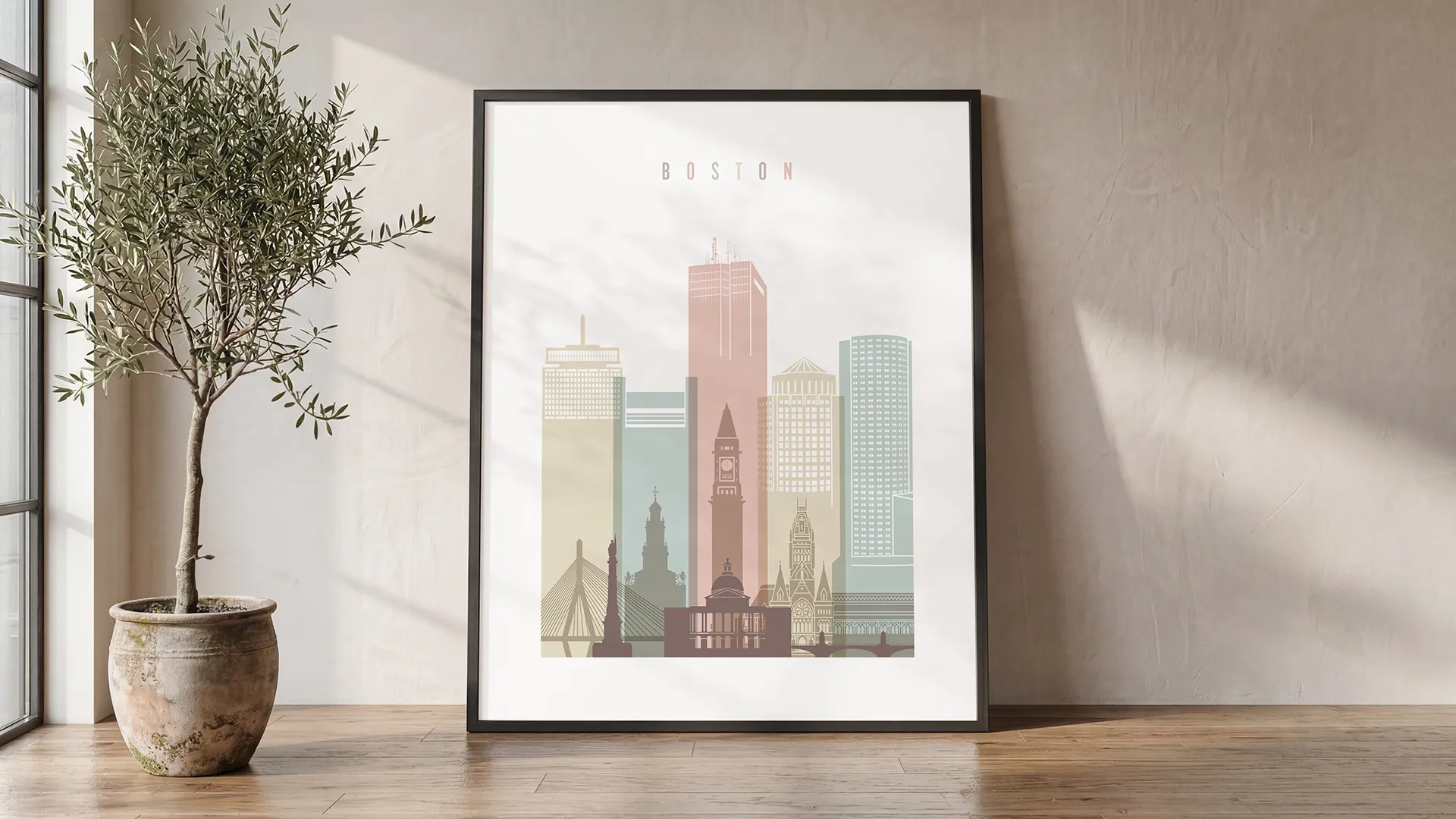 Boston Skyline Wall Art Print Pastel White | ArtPrintsVicky