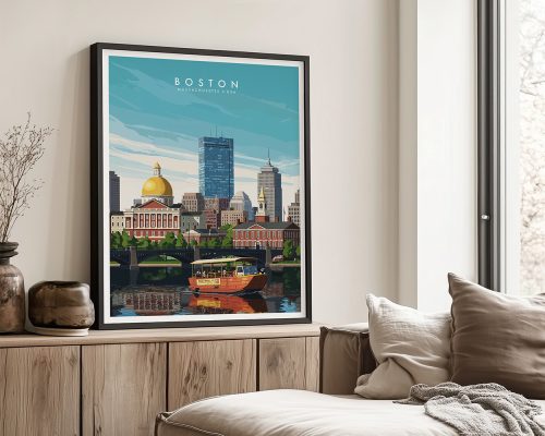 Framed wall art print of Boston featuring a boat on the water and city skyline.