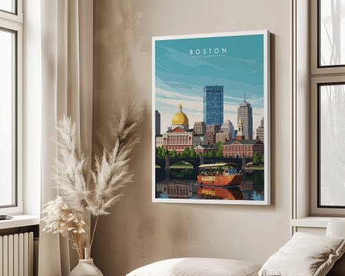 Framed wall art print of Boston cityscape featuring buildings and a boat on the water.