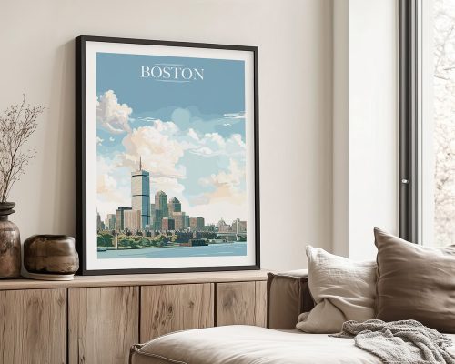 Framed artwork depicting a cityscape of Boston with clouds and buildings.