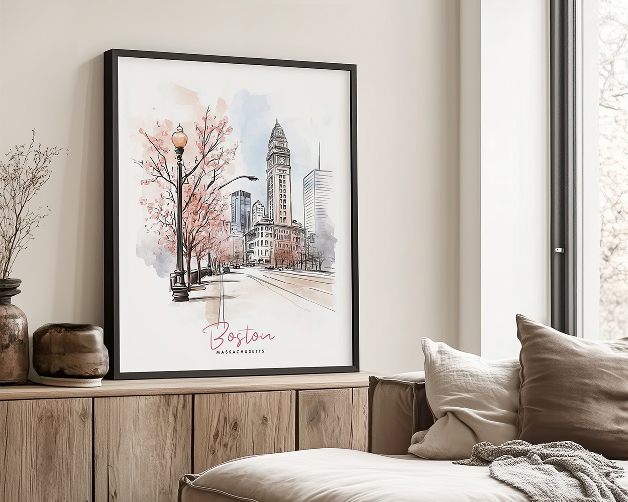 A black framed art print of Boston in watercolor drawing with soft pastel tones.