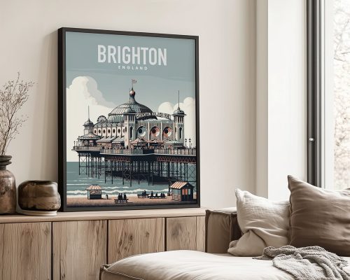Framed poster of Brighton Pier in England with a vintage design and muted colors.