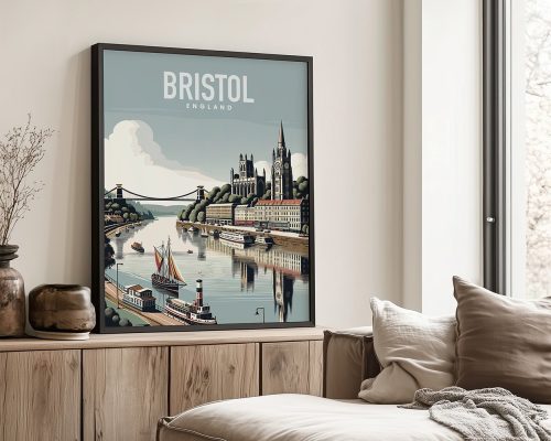 Art print featuring a scenic view of Bristol, England with a river, buildings, and boats.