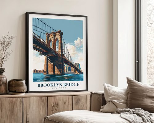 Art print of the Brooklyn Bridge with a blue sky and clouds in the background.
