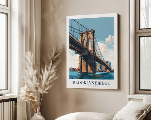 Art print of the Brooklyn Bridge with a blue sky and clouds in the background.