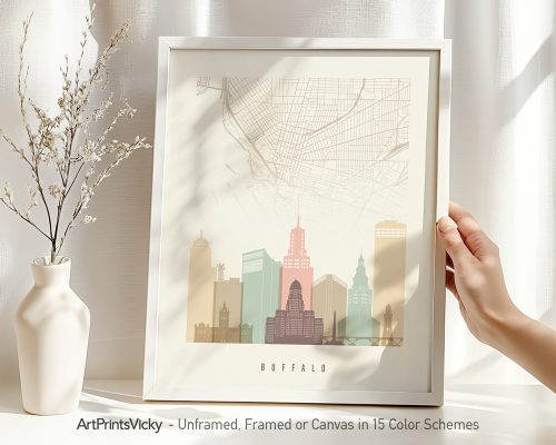 Map of Buffalo featuring prominent buildings and landmarks in a minimalist design.