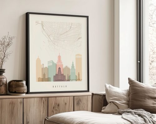 Art print of a stylized map of Buffalo with city skyline illustration in muted colors.