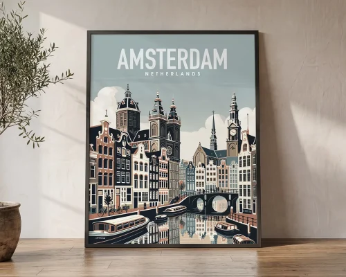 Canal City Art Amsterdam in Travel Style Poster | ArtPrintsVicky