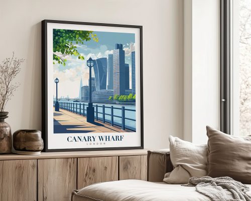 Art print of Canary Wharf featuring modern skyscrapers and a waterfront walkway.