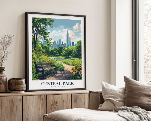 Framed artwork of Central Park featuring a bench and city skyline in the background.