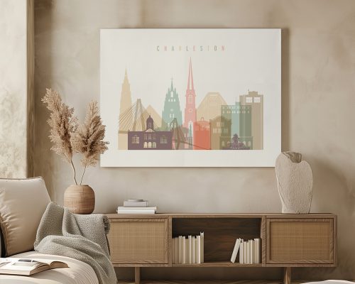 Stylized illustration of Charleston's skyline featuring notable buildings and landmarks.