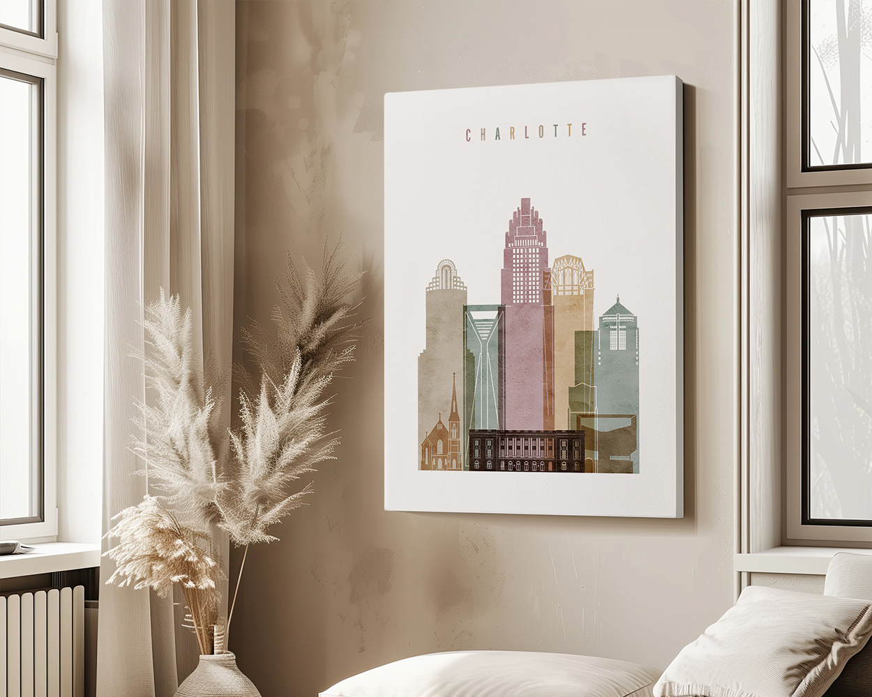 Art print of a stylized cityscape featuring buildings from Charlotte, North Carolina.