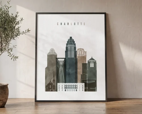 Charlotte Watercolor Art Print Iconic Skyline Poster | ArtPrintsVicky