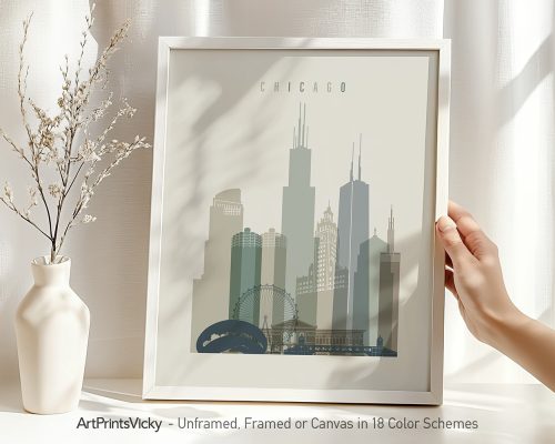 Framed print of a cityscape featuring Chicago's skyline with notable buildings and a Ferris wheel.