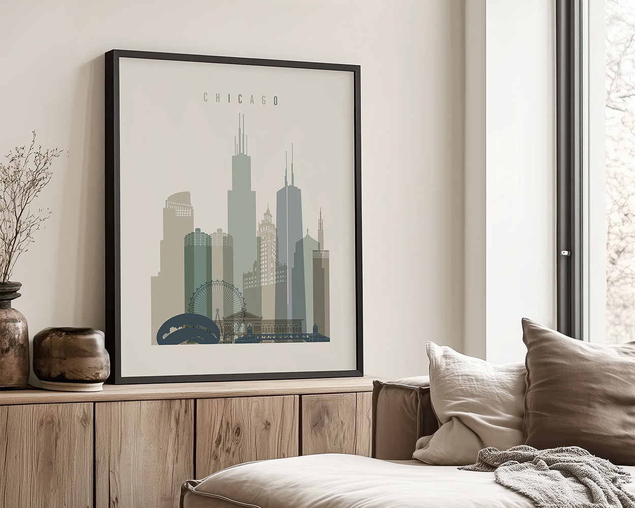 Framed art print of Chicago's skyline featuring notable buildings and structures.