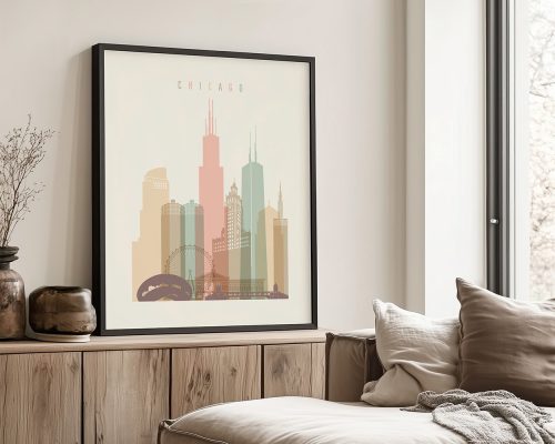 Art print of a stylized Chicago skyline with pastel colors and notable buildings.
