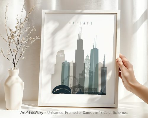 Framed cityscape print of Chicago featuring notable buildings and skyline elements.