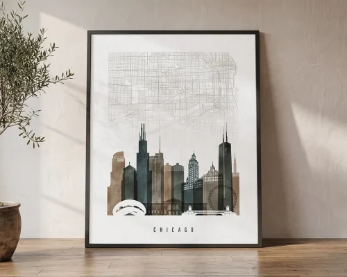 Chicago Map Skyline Wall Art Watercolor Print | ArtPrintsVicky