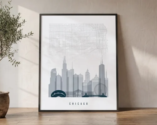 Chicago Map Wall Art Grey Blue Poster | ArtPrintsVicky