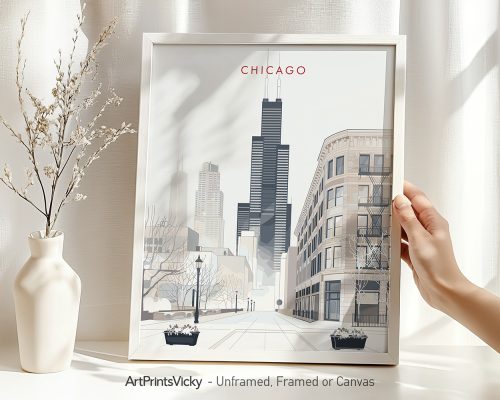 Framed minimalist artwork of Chicago featuring the Willis Tower and surrounding buildings.