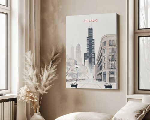 Minimalist artwork depicting a cityscape of Chicago with prominent buildings and trees.