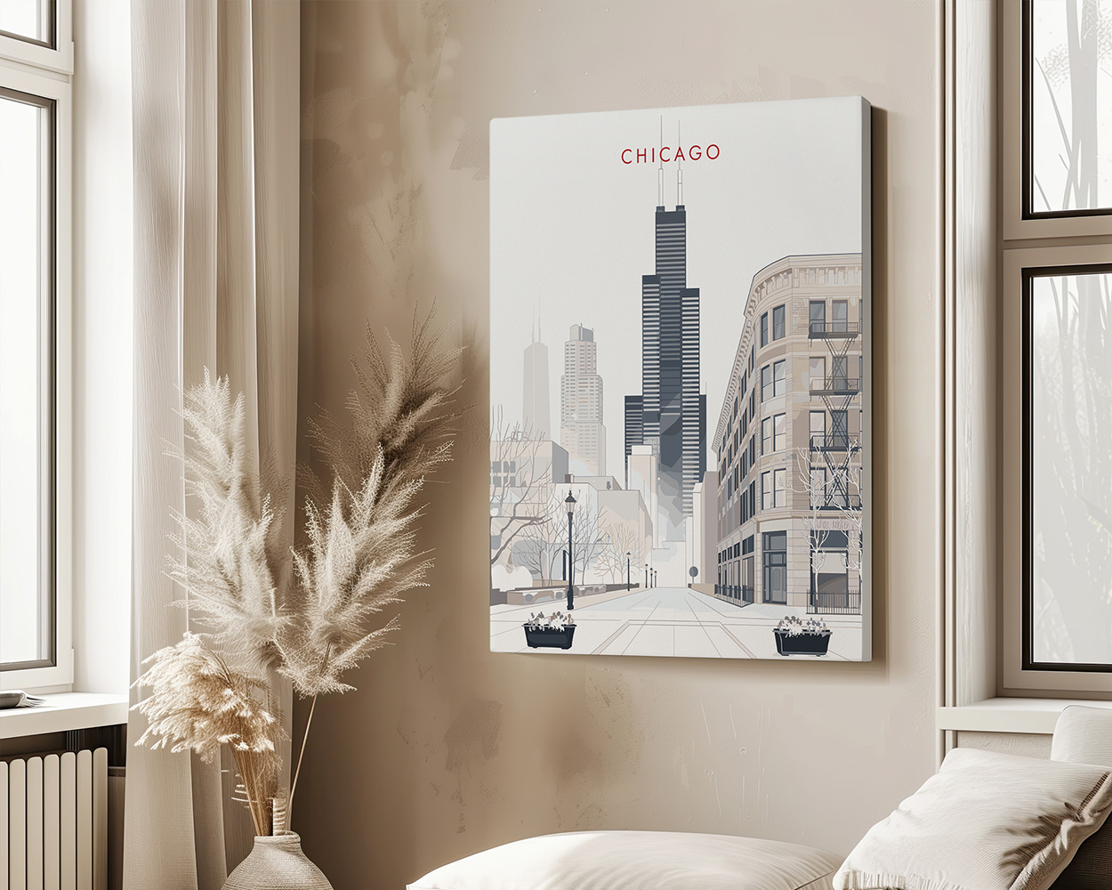 Minimalist artwork depicting a cityscape of Chicago with prominent buildings and trees.