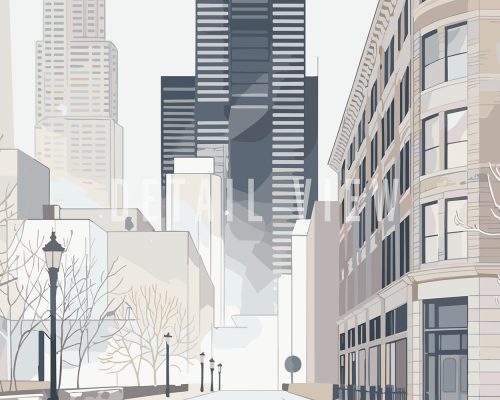 Minimalist illustration of a Chicago cityscape featuring tall buildings and a street view.