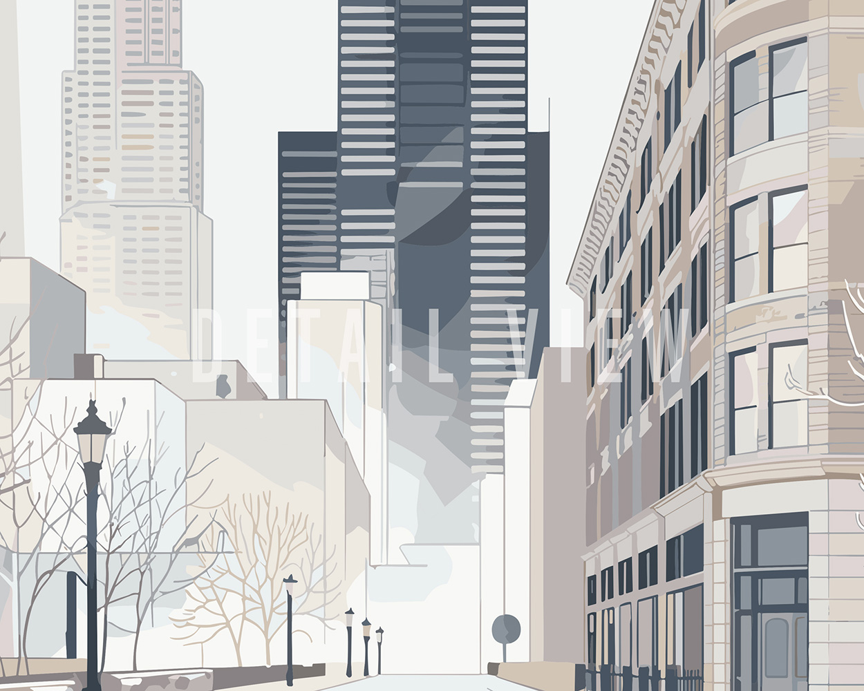 Minimalist illustration of a Chicago cityscape featuring tall buildings and a street view.