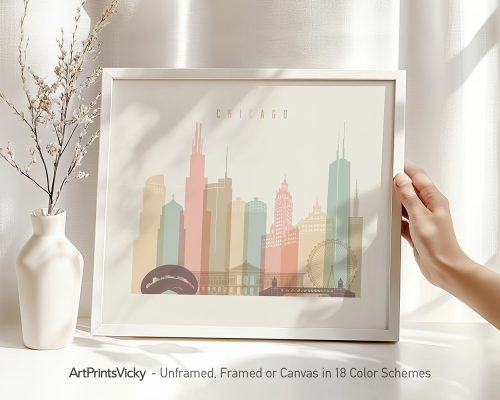Art print of a stylized Chicago skyline featuring various buildings and structures in pastel colors.