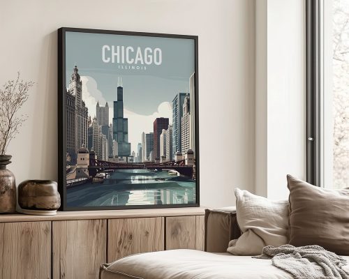 Art print featuring a stylized cityscape of Chicago with buildings and a river.