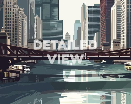 Illustration of the Chicago River with buildings and a bridge in the foreground.
