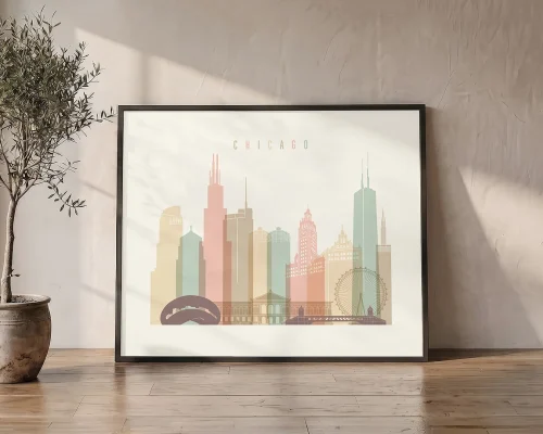 Chicago Skyline Drawing Cream Pastel Wall Art | ArtPrintsVicky