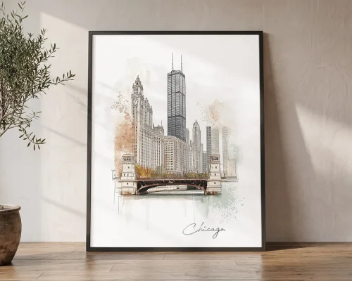Chicago Skyline Drawing — Soft Watercolor Wall Art Print | ArtPrintsVicky