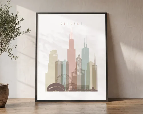 Chicago Skyline Wall Art Pastel White Print | ArtPrintsVicky