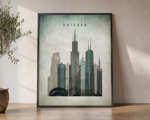 Chicago Skyline Wall Art Vintage Distressed Print | ArtPrintsVicky