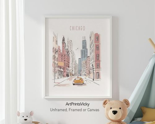 Illustration of a Chicago cityscape featuring a yellow taxi and buildings in a framed print.