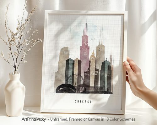 Art print featuring a stylized cityscape of Chicago with notable buildings and a skyline.
