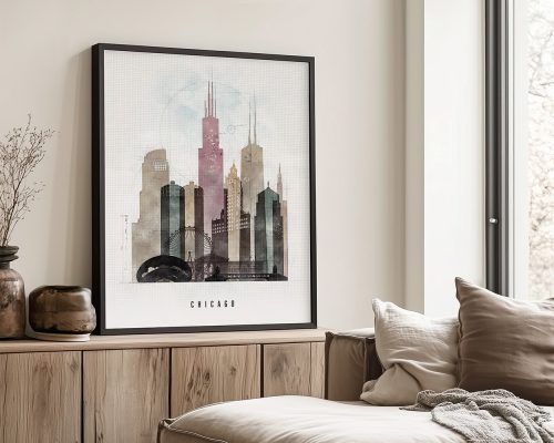Framed artwork depicting a stylized cityscape of Chicago with notable buildings and structures.