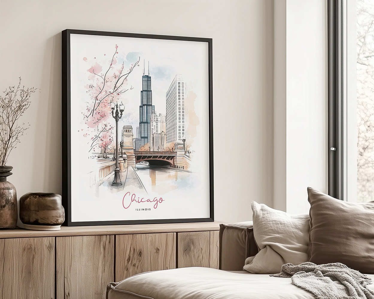 A black framed art print of Chicago in watercolor drawing with soft pastel tones.