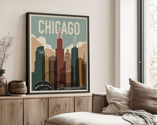 Framed vintage artwork depicting a cityscape of Chicago with notable buildings and a Ferris wheel.